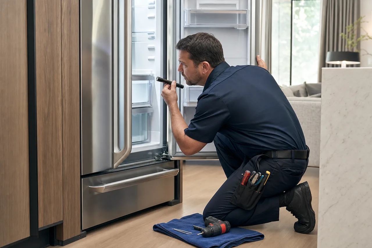 Technician repairing a built-in refrigerator