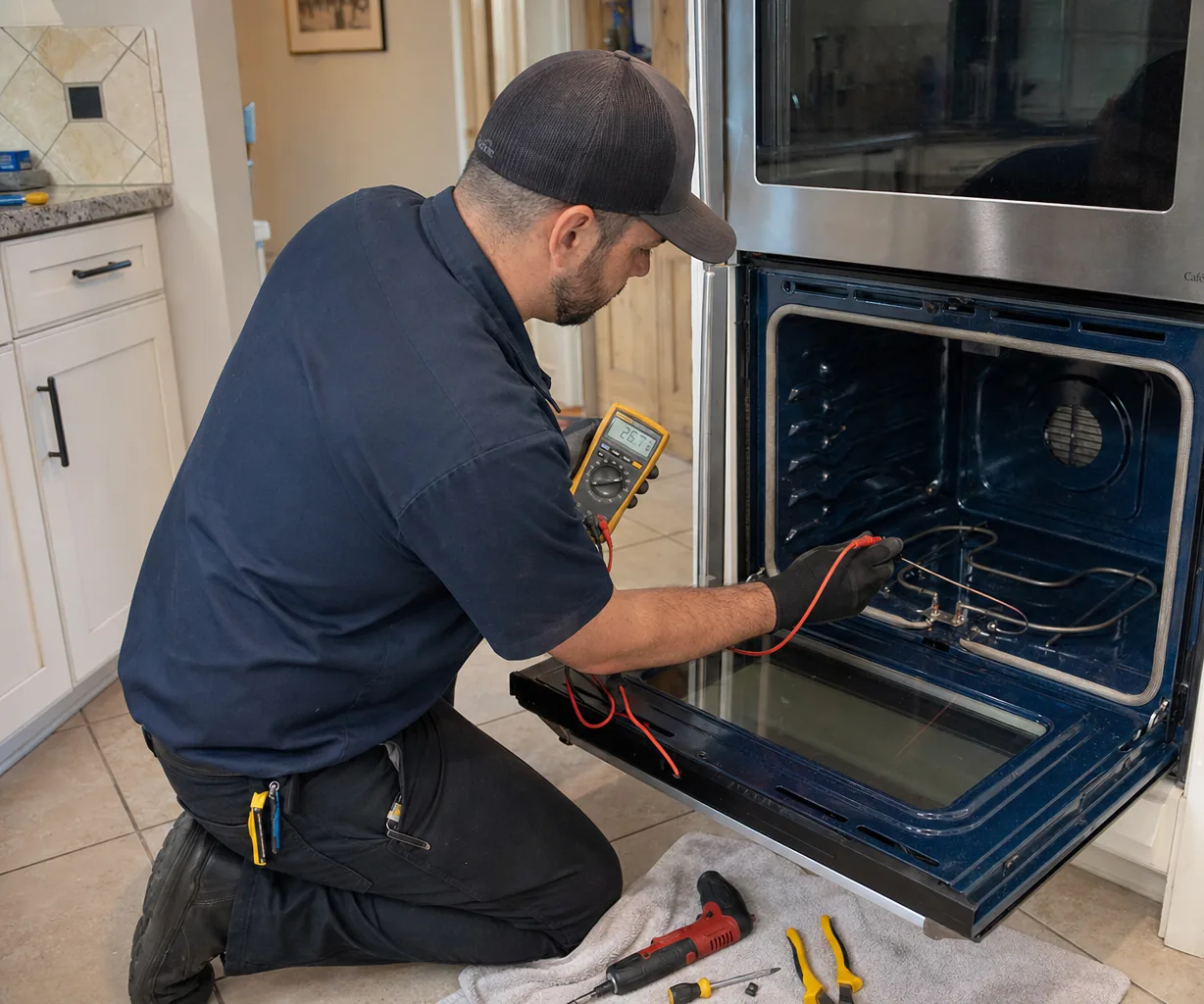 Technician servicing a built-in wall oven up close